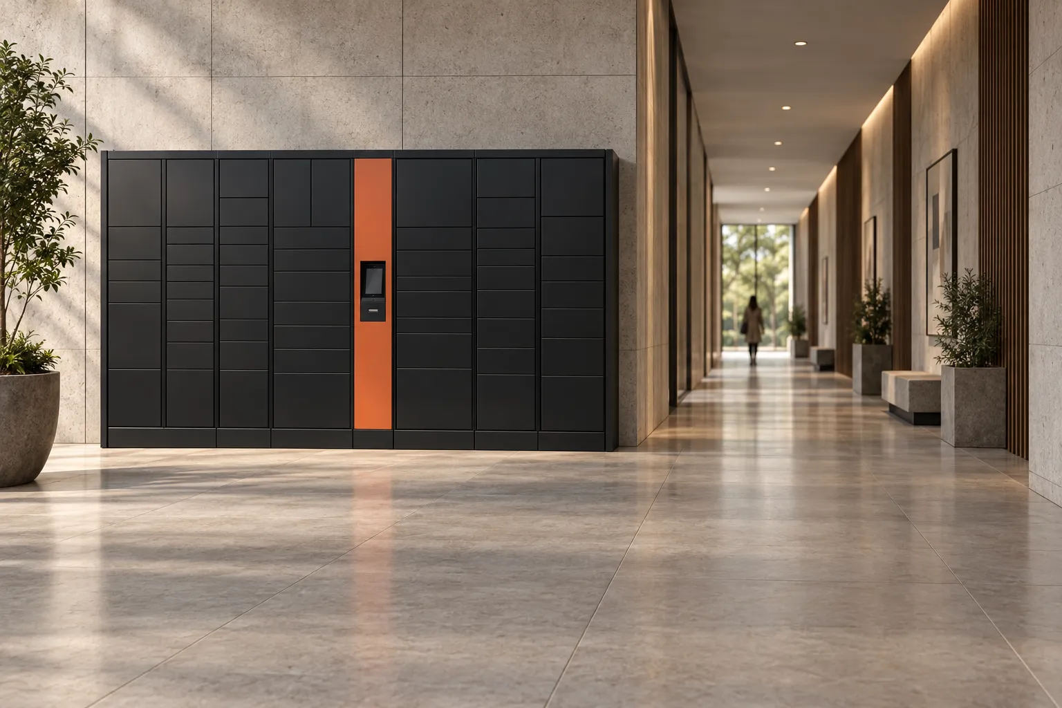 Estudo visual de instalação do locker em corredor residencial