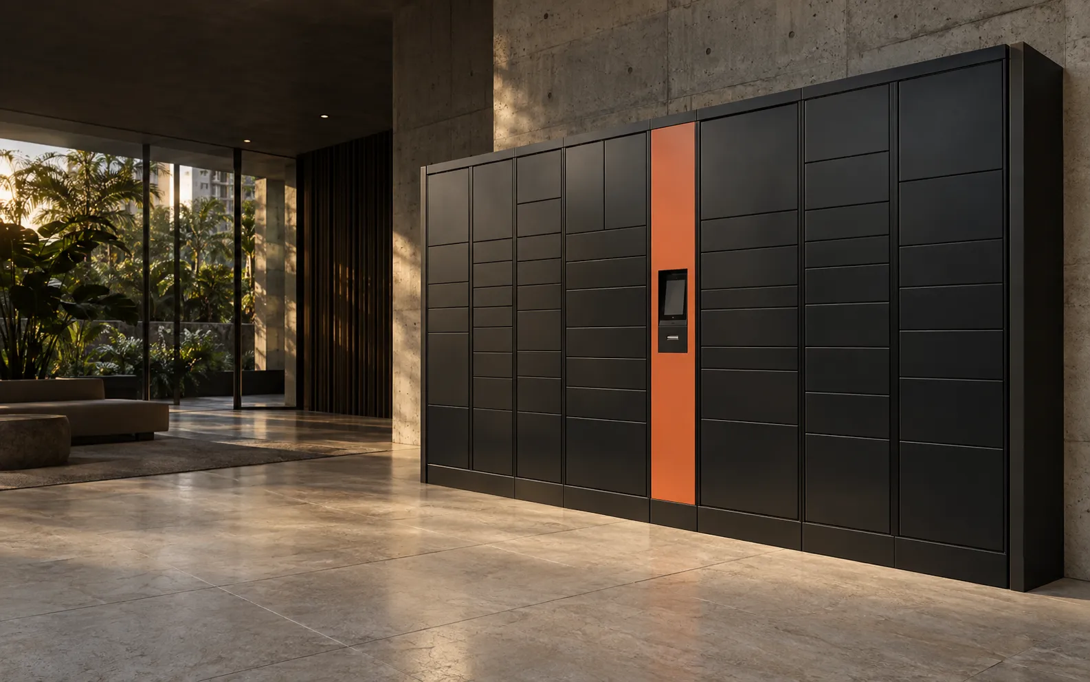 Vista ampla conceitual de locker instalado em lobby residencial